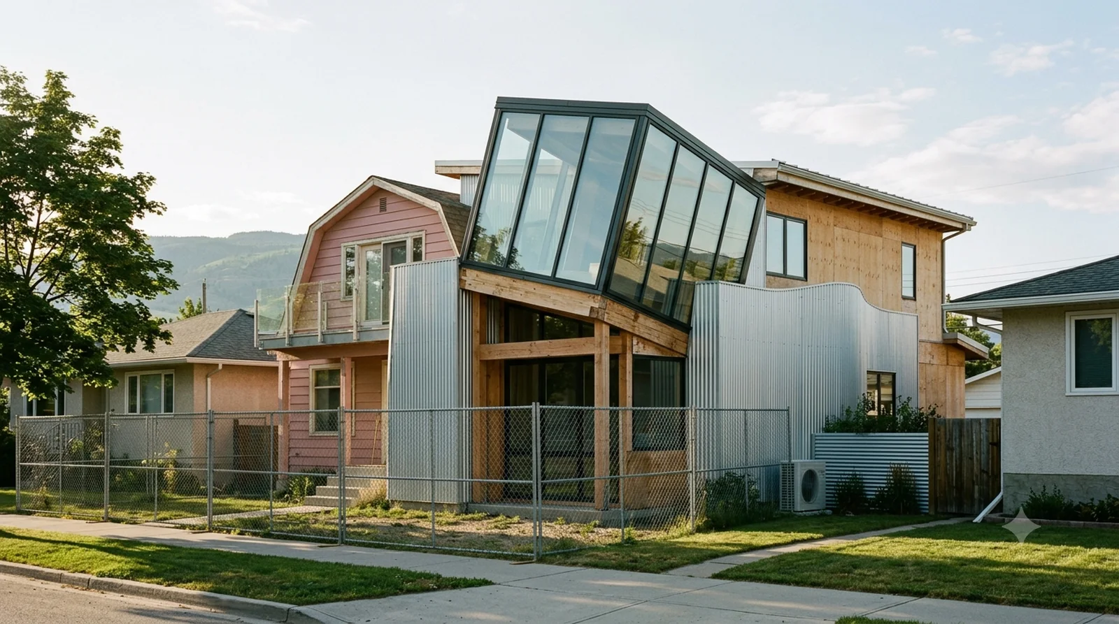 Gehry Residence — Gehry, 1978: a plain bungalow left standing and wrapped in raw metal, plywood and chain-link. The infill argument, exactly.