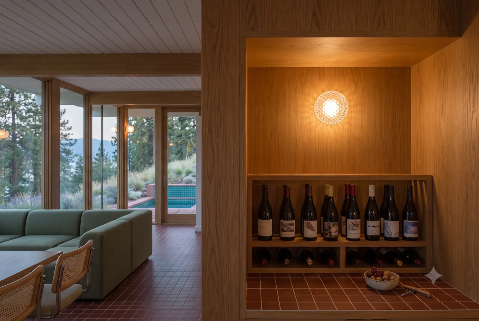 The wine nook, A built-in rack of bottles beside the sofa, a single warm globe, the lake going dark past the glass.
