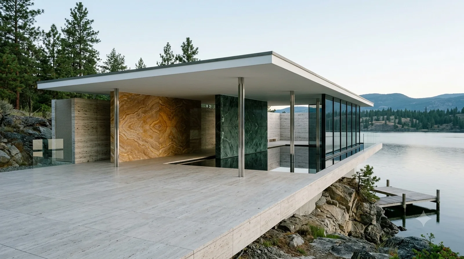 Barcelona Pavilion — Mies, 1929: onyx and marble planes sliding past each other on a rock shelf over the lake.