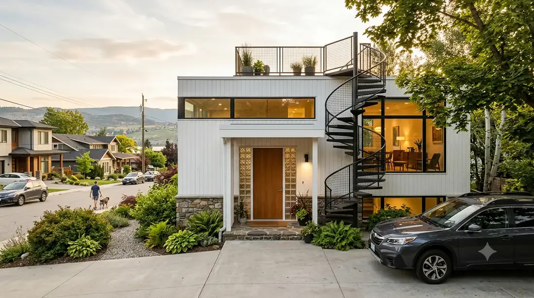 Gropius House — front porch entry — glass block, spiral stair to the roof deck