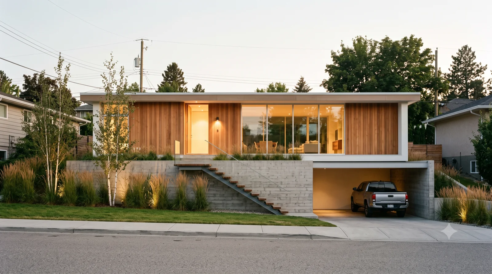 Case Study #10, Elevated — Kemper Nomland's Case Study House #10 rebuilt as a modest attainable home raised above the street, a low flat roof, warm cedar and glass, floating stair and carport below