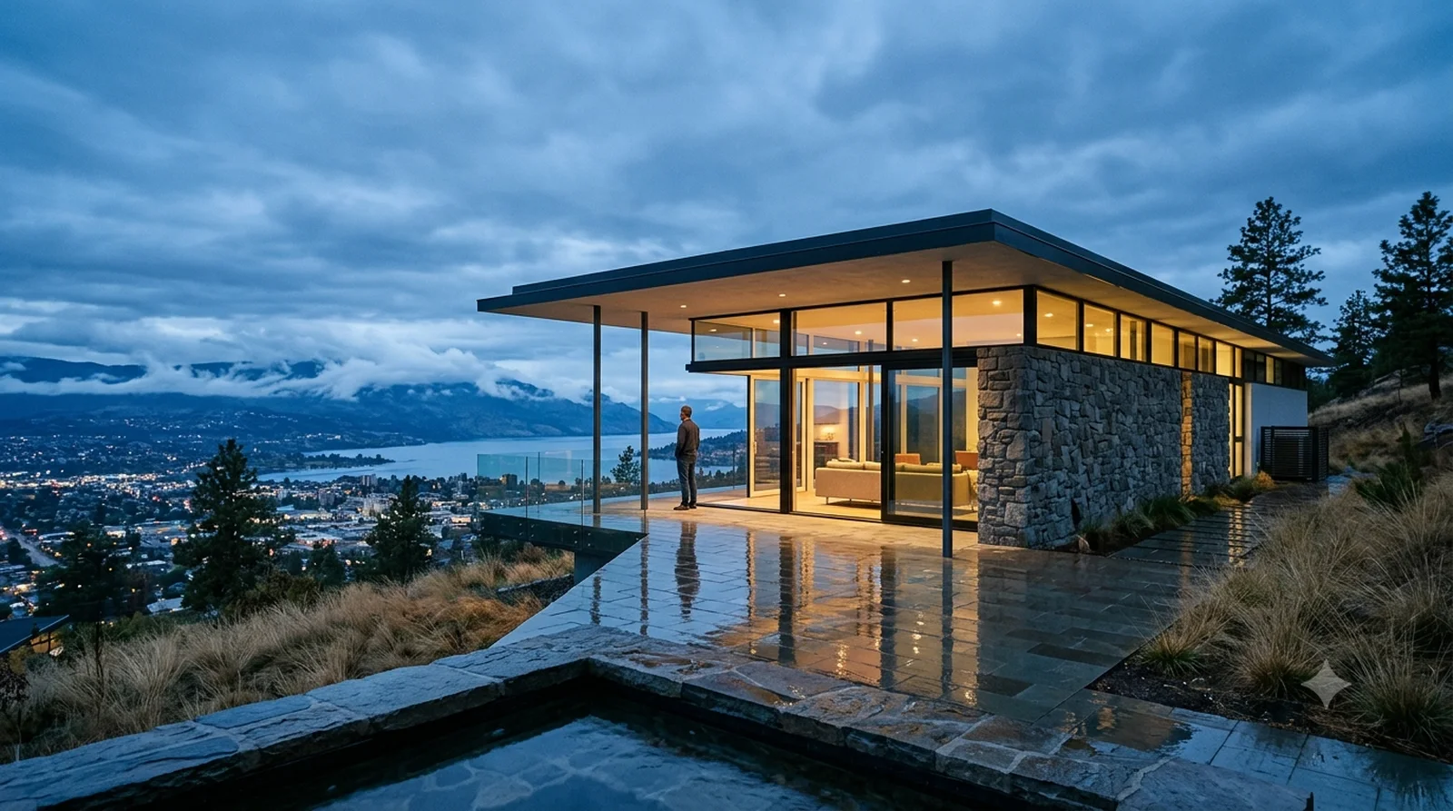 Chuey House — Neutra, 1956: a deep roof plane over glass, blue hour after rain on a University Heights ridge.