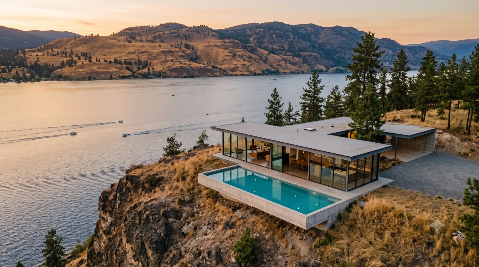 The Cliff House — Case Study #22 glass-and-steel wing cantilevered over the bluff, turquoise pool wrapping the point, the lake far below at golden hour