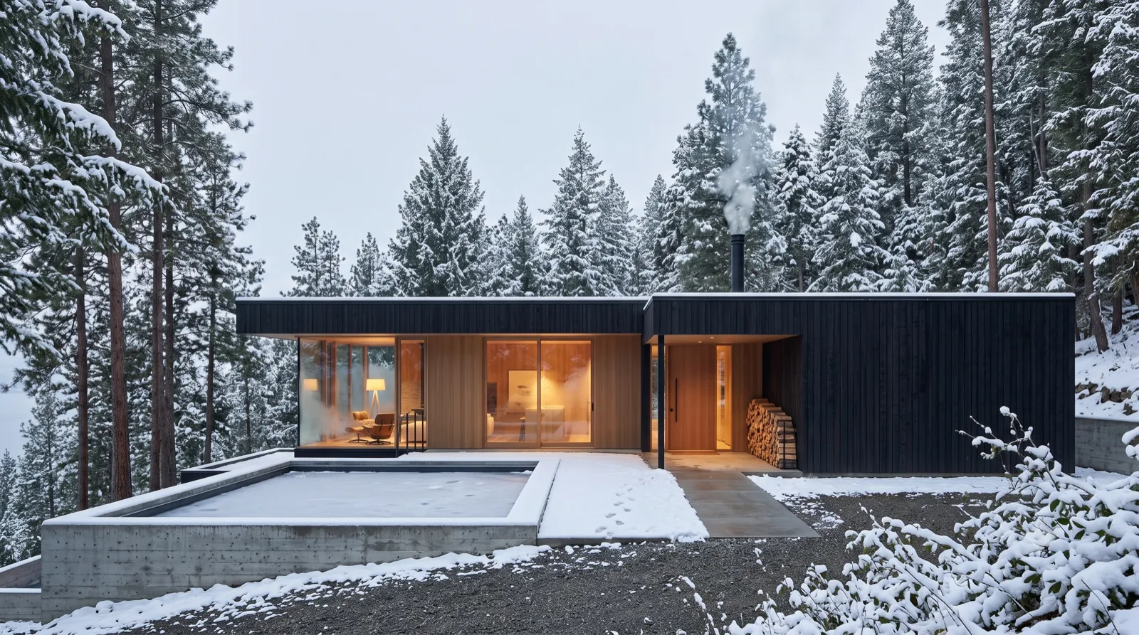 The Big White Cabin — snow-dusted charred cedar, woodsmoke from a black steel flue, warm glass in a cold forest