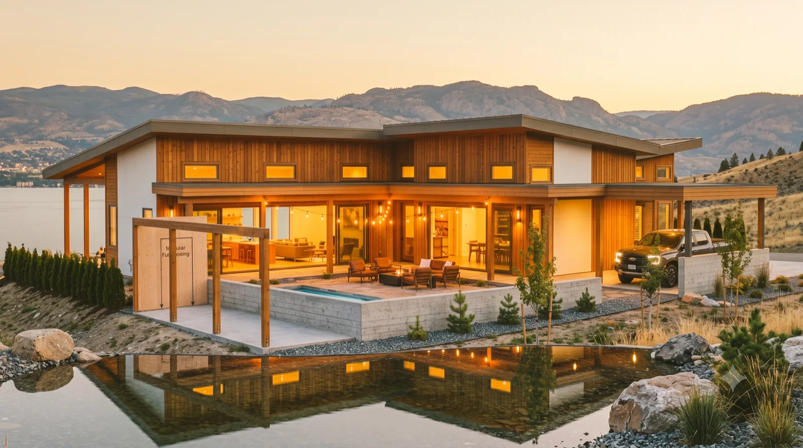 The Kaufmann — a low-horizontal Kaufmann-spirit home in warm cedar, a still reflecting pool mirroring the lit rooms, a framed bay waiting for a future wing