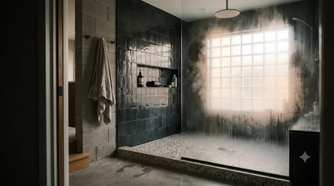 Case Study House #21 — Ensuite shower — glass block window