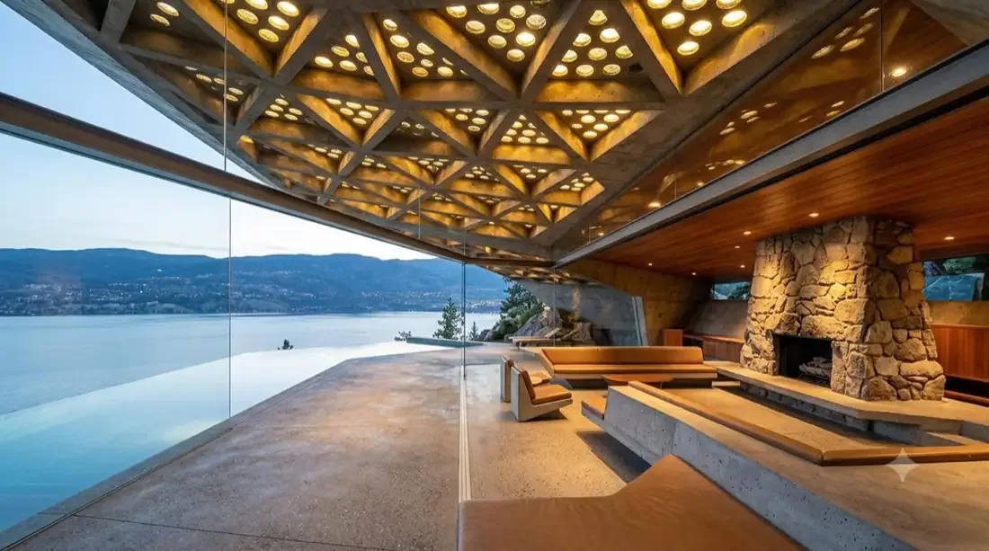 Sheats–Goldstein Residence — Living room — angled coffered ceiling, glass-studded skylights glowing over the lake wall