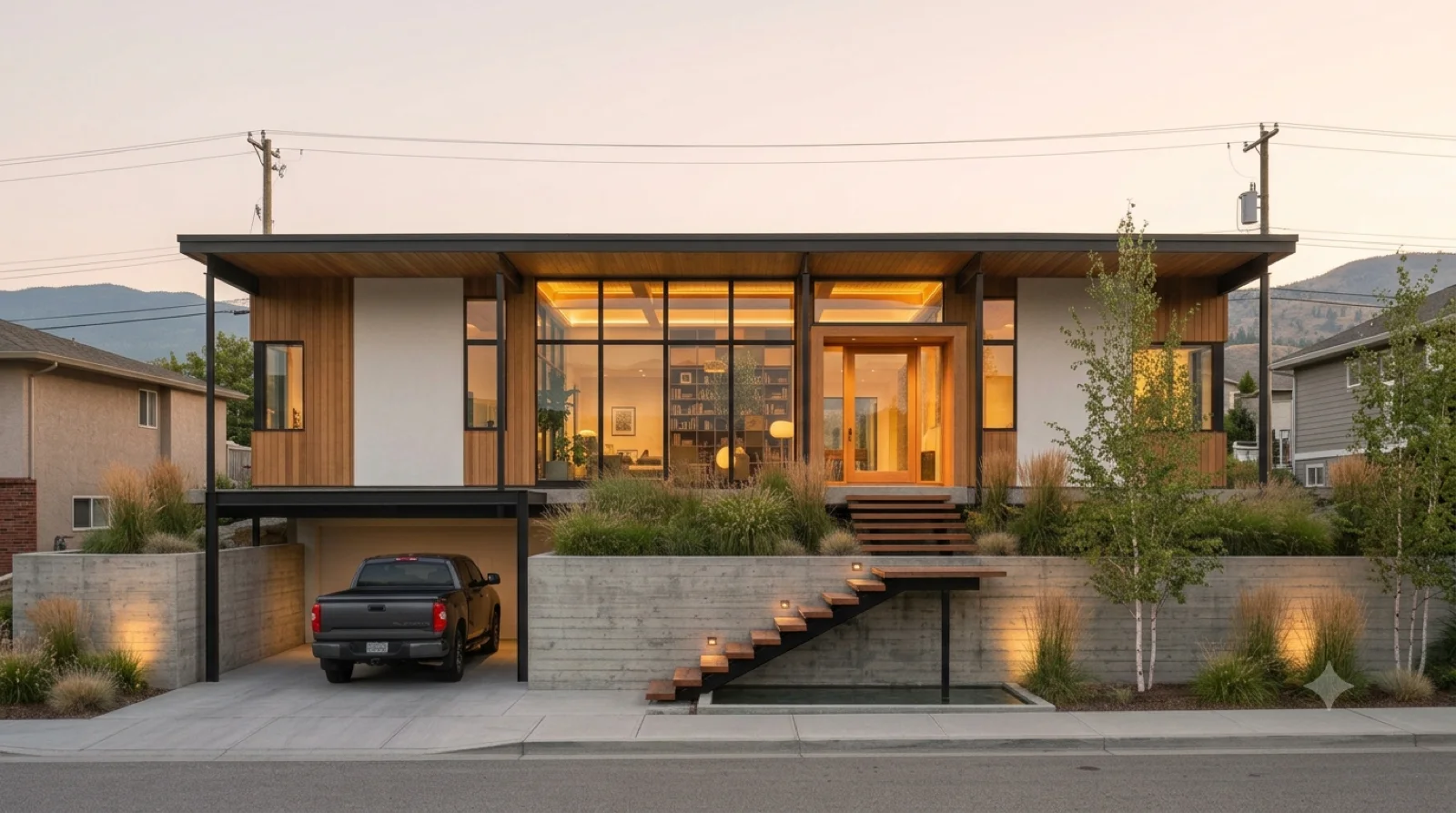 Case Study #18, Elevated — Ellwood's Case Study House #18 as a modest ~$1.2M build raised above the street, precise steel post-and-beam infilled warm with cedar, floating stair and carport below