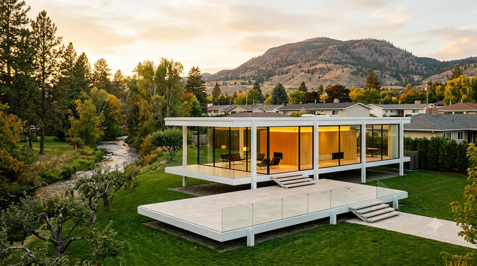Farnsworth House on a Glenmore Lot — Mies, 1951: one glass room on eight white columns, lifted above a creekside Glenmore yard.