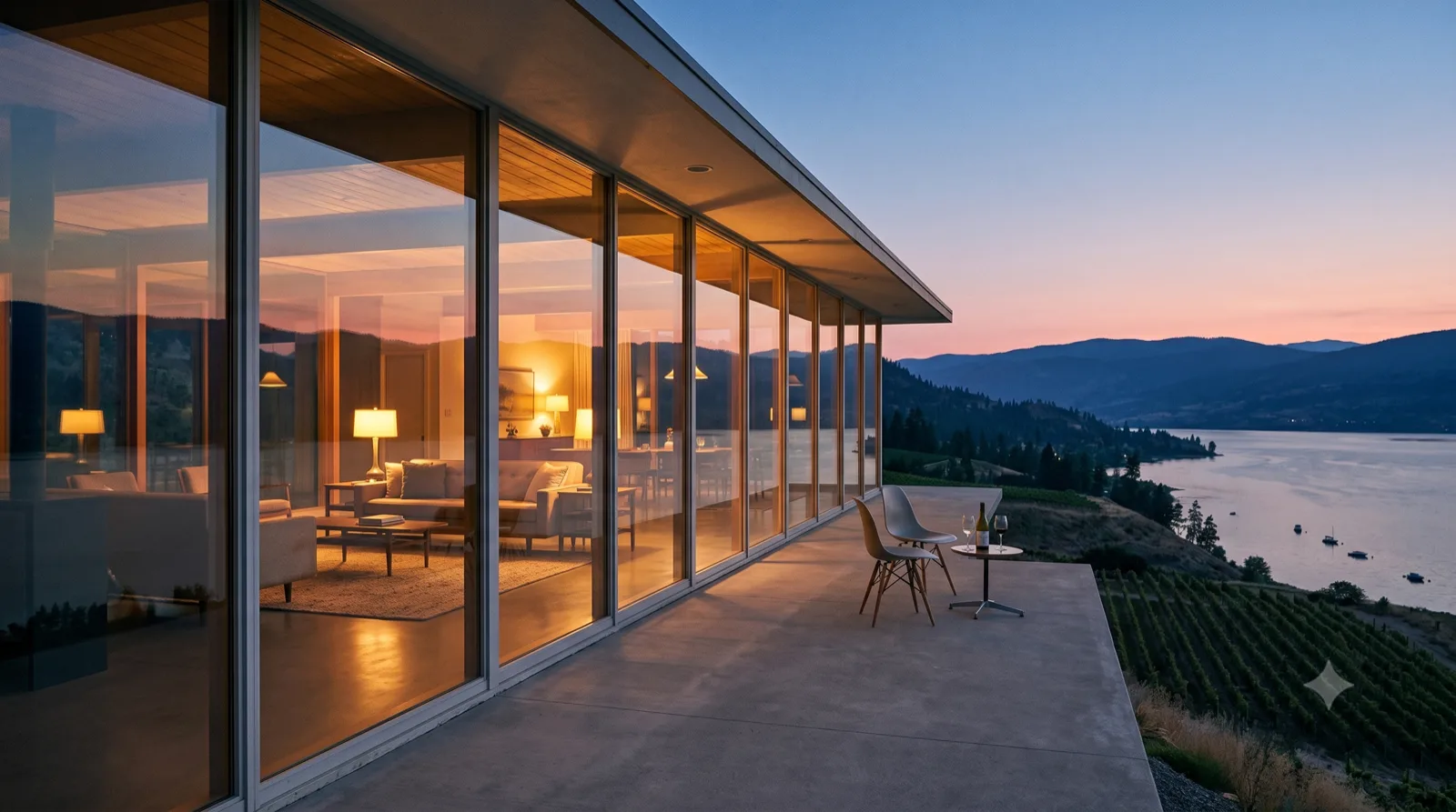 The Kelowna View Bungalow — view-side glazing lit like a vitrine at dusk, vineyard and lake below