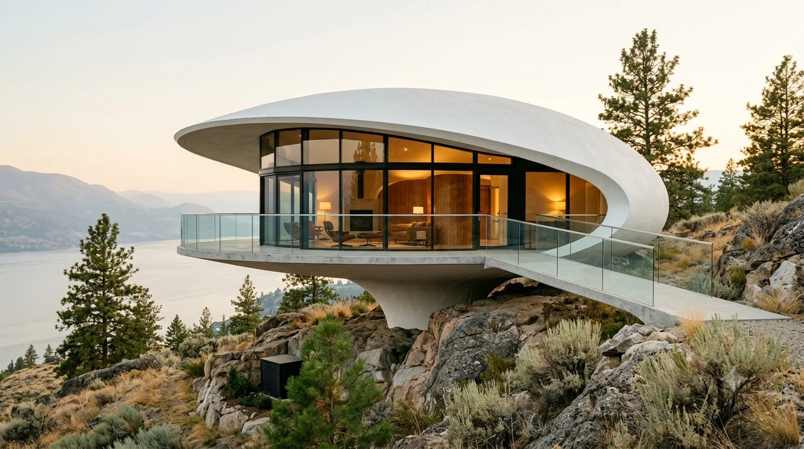 Sculptured House (Sleeper) — Deaton's 1963 curved white shell, perched on a bare rock knoll in Wilden.