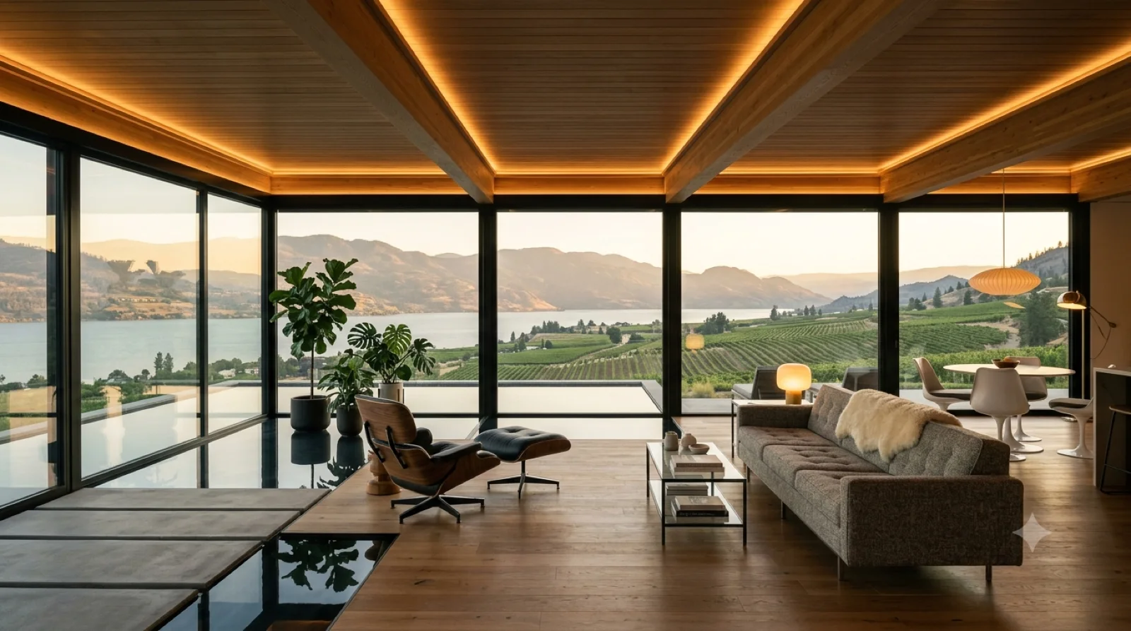 Koenig CSH#21, Reimagined — Koenig's steel-and-glass pavilion and reflecting pool, rebuilt today over the Okanagan — low profile, a wall of steel glass to the lake, an Eames lounge and a floating hearth