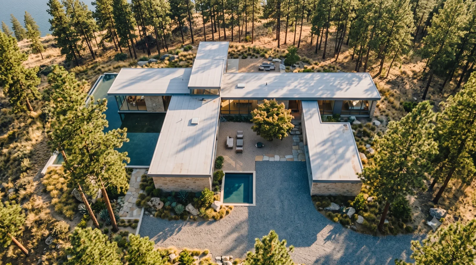 The Forest Courtyard — Ellwood-style steel-and-glass wings wrapping a private central courtyard, ponderosa pines pressing in on the roofs