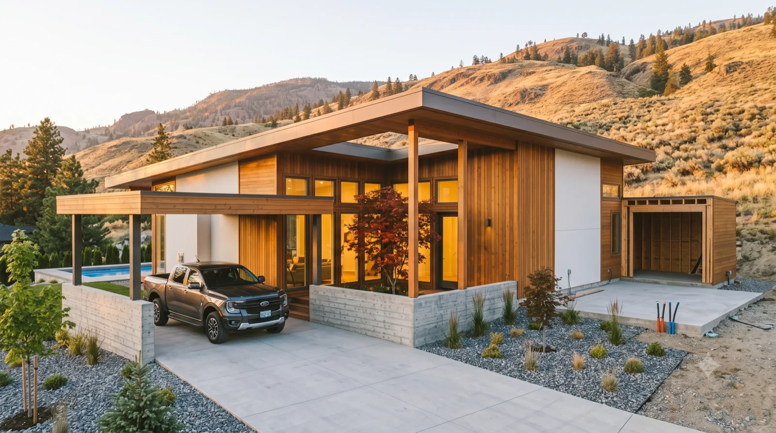 The Atrium — an Eichler-lineage home built warm: cedar post-and-beam wrapping an open-air atrium and a Japanese maple, glowing from within — not a cold glass box