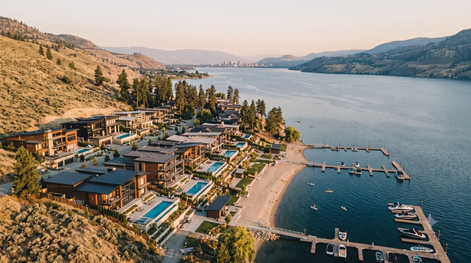 McKinley Beach — a hillside cluster of contemporary homes terracing down to a swimming beach and marina, the lake stretching south to the city