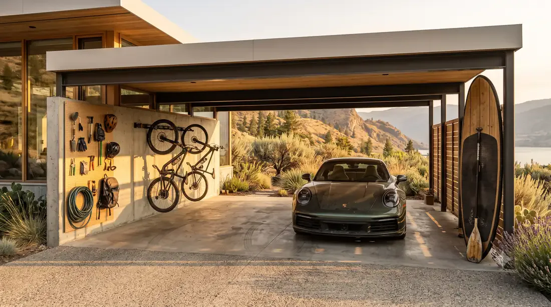 Kaufmann Desert House, Carport — open carport — bikes, paddleboard, real gear storage