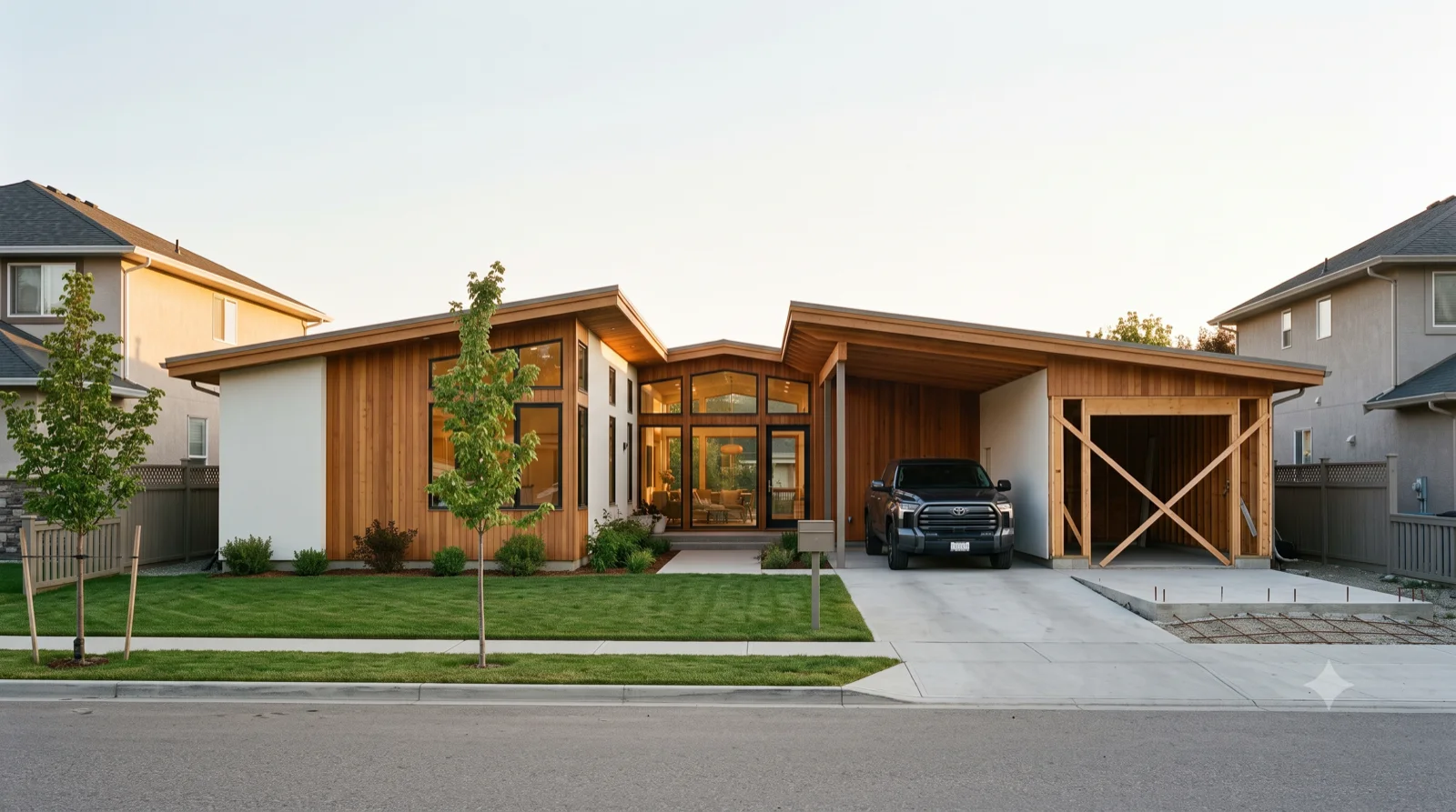 The May Cluster — a Cliff May-lineage low ranch cluster of connected cedar-clad wings under stepped shed roofs, warm cedar and white stucco, a floating carport and an X-braced framed bay + slab pad for the future wing, dropped onto a narrow 45-ft neighbourhood lot between the neighbours — a warm attainable infill ranch, not a cold glass box