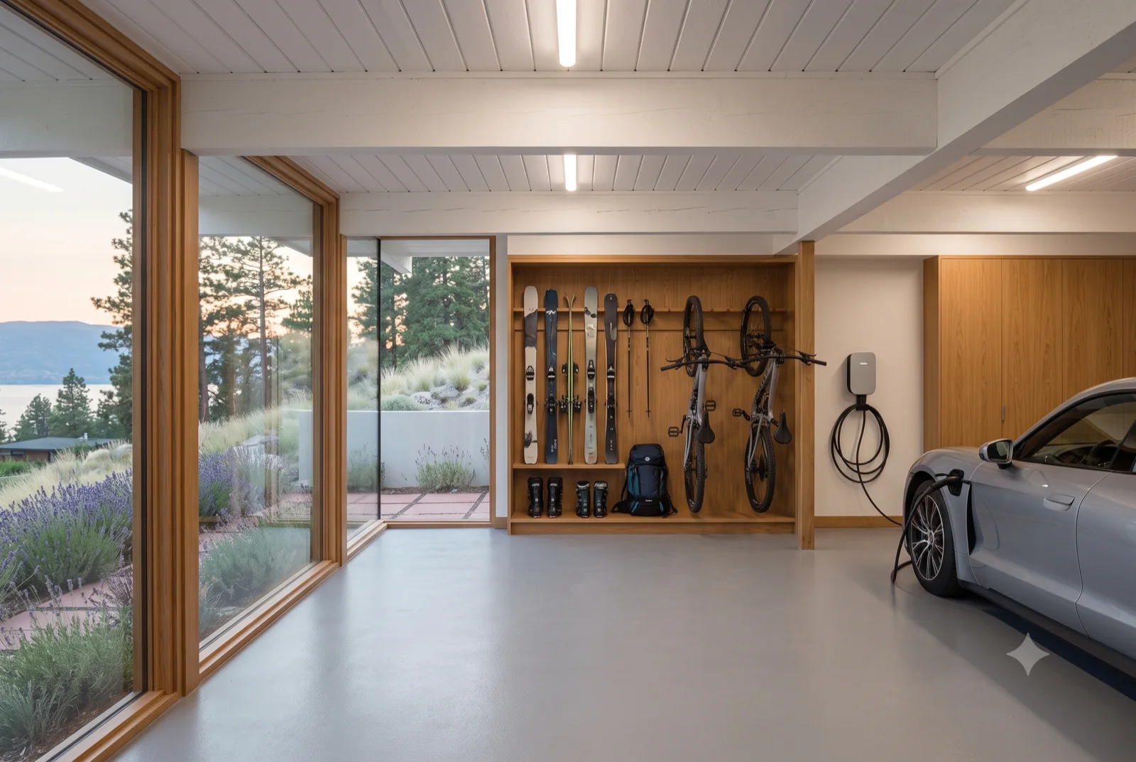 The garage, A sports car and a wall of four-season gear behind the glass, terracotta running right out to it.