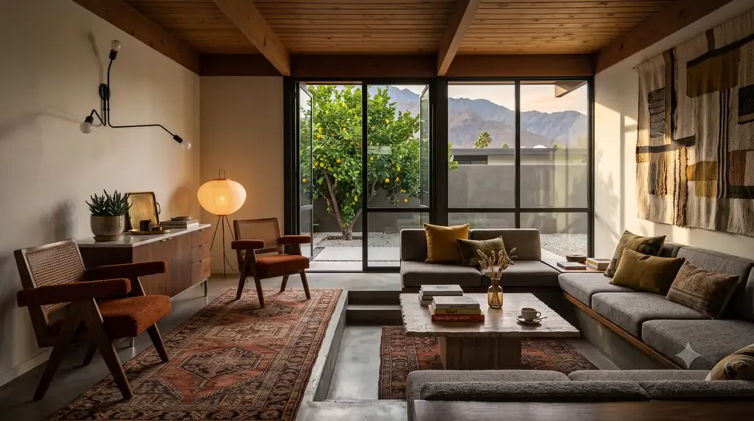 Walker Guest House — butterfly shutter panels propped open on steel struts, warm cedar