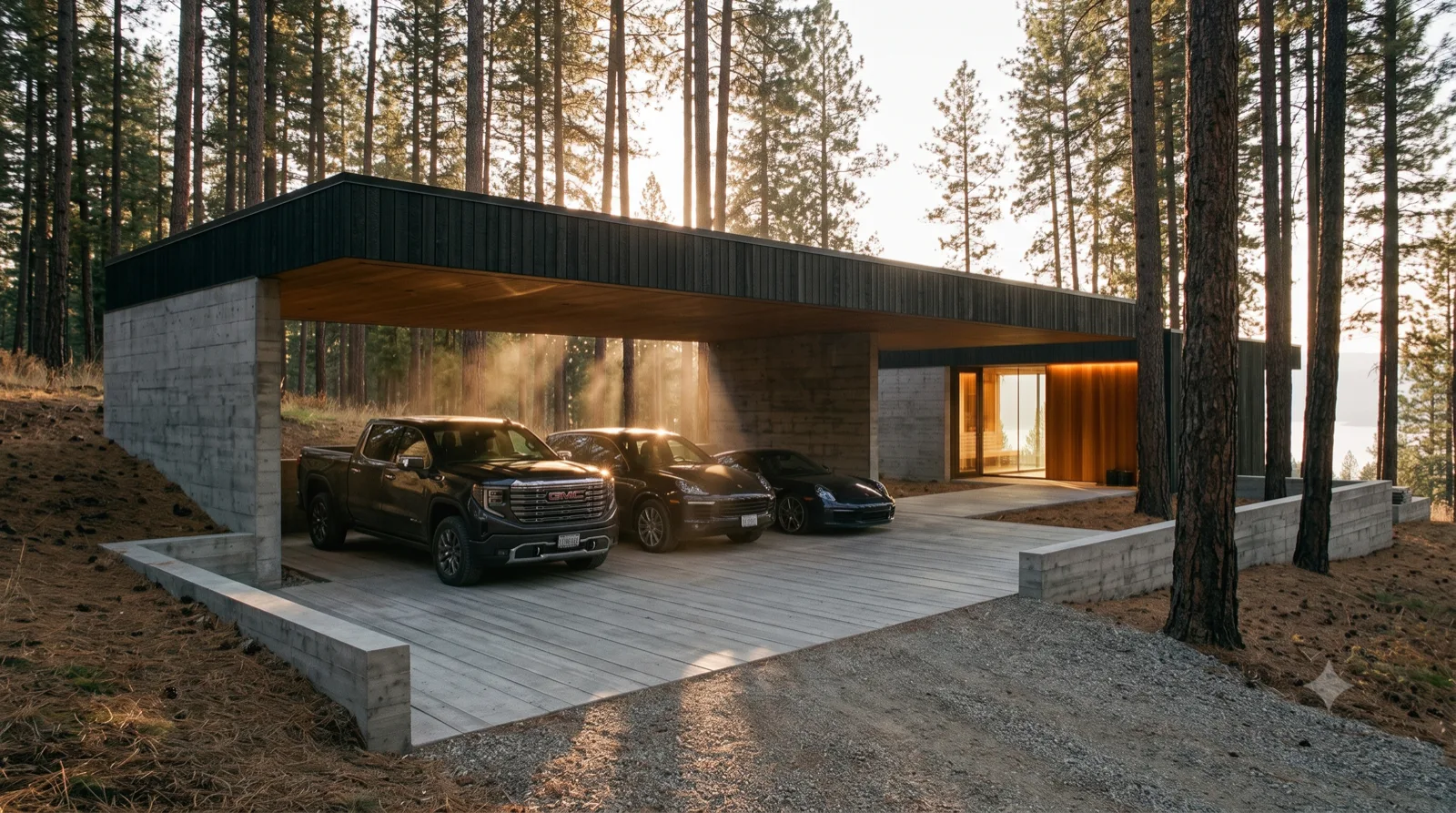 The Car Court — cantilevered carport at golden hour — Sierra AT4X, Cayenne, 911, sun shafts through the pines