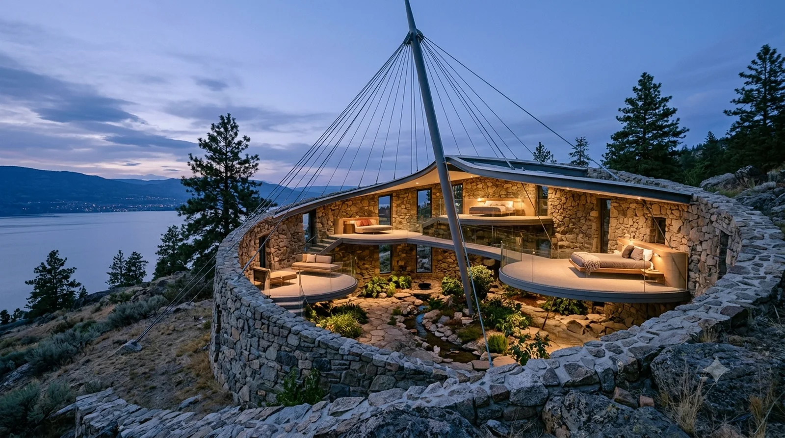 Bavinger House — Goff, 1955: a stone spiral hung from one mast, pods floating inside, dusk over the lake.
