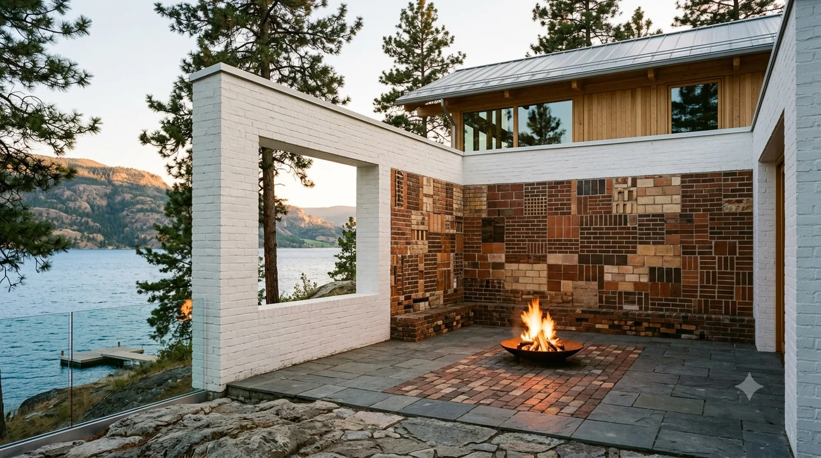 Muuratsalo Experimental House — Aalto, 1953: fifty brick patterns around a courtyard fire, one square opening cut to the water.