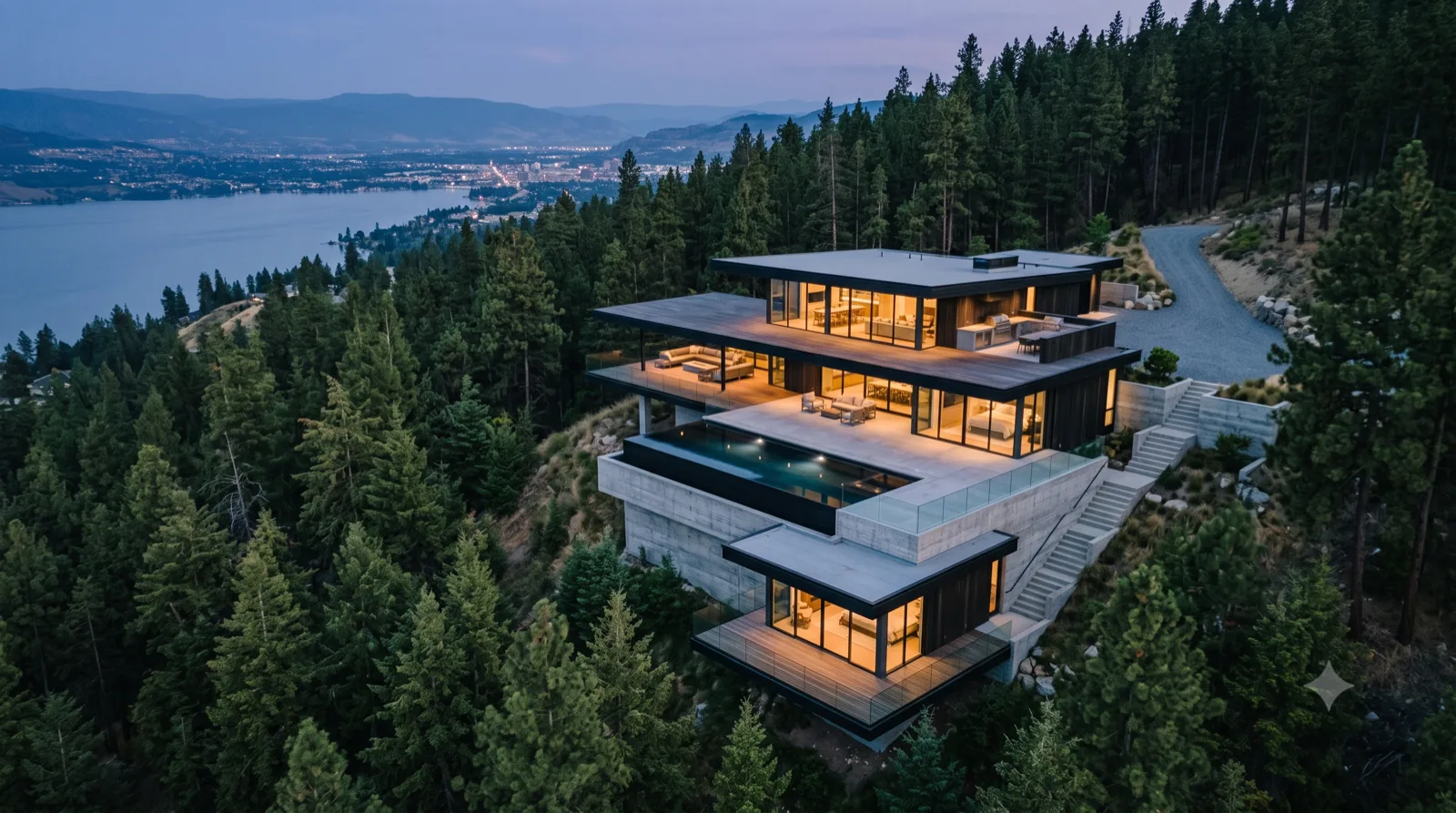The Wilden Descent — three stacked terraces of charred cedar and board-formed concrete descending the hillside, a black infinity pool over the drop