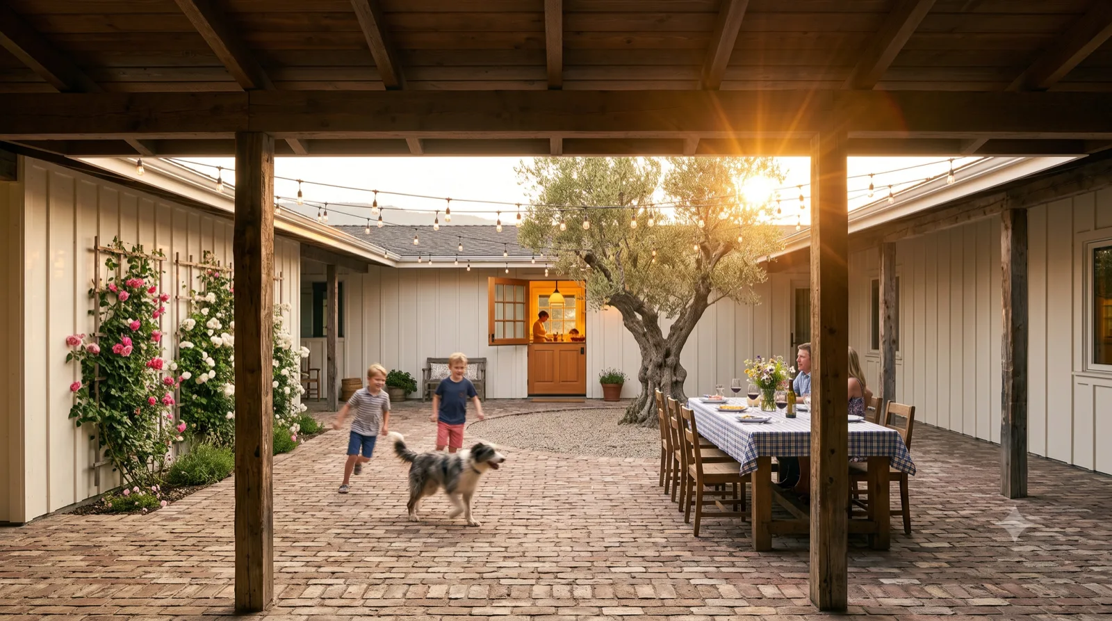 The Kelowna Rancho — board-and-batten courtyard at supper — string lights, kids, the dog