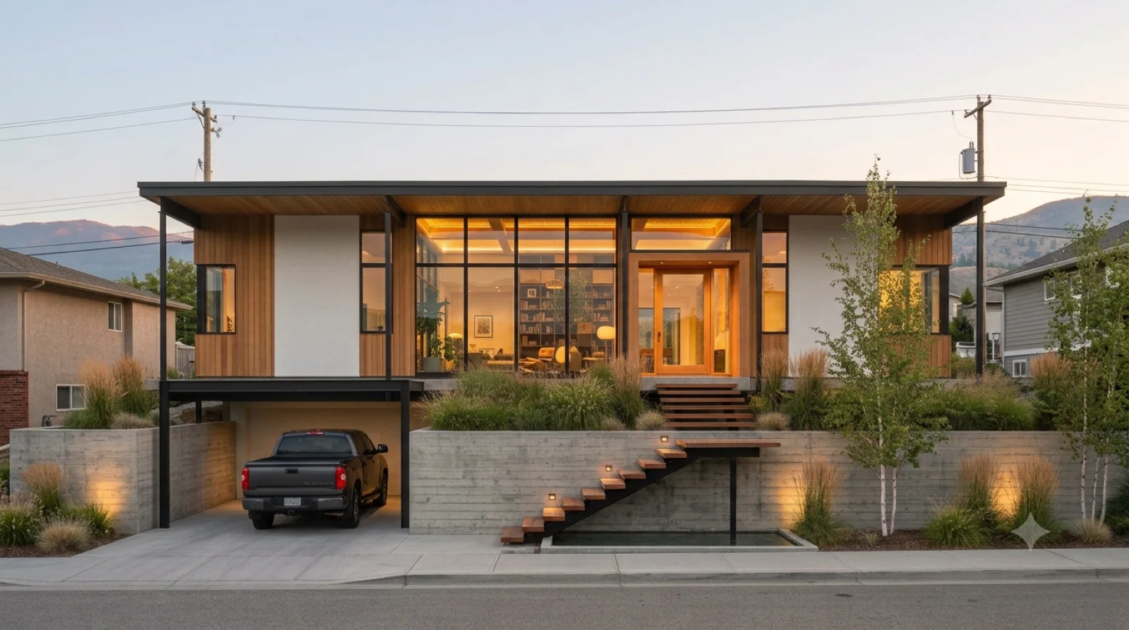 Case Study #25, Elevated — Killingsworth's serene Case Study House #25 rebuilt modest above the street — a tall slender full-height entry up a floating stair, a small reflecting pool, carport tucked below