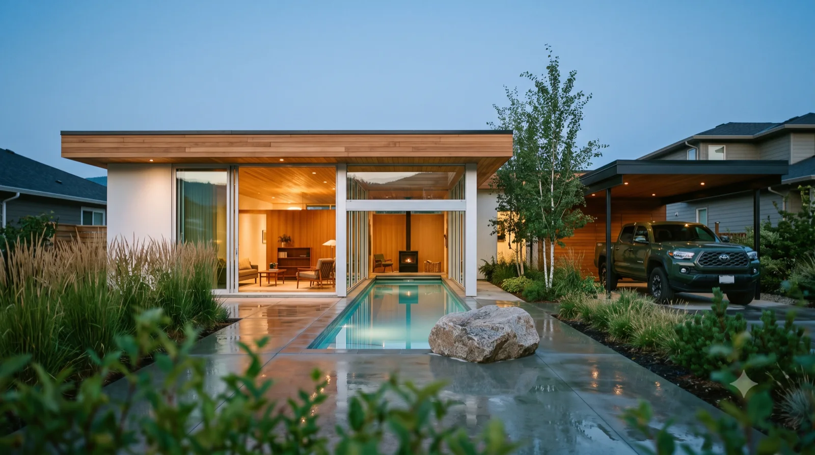 The Loewy — Albert Frey's lesser-known Loewy House reimagined in the Okanagan — a swimming pool that flows from the terrace straight through the open glass wall and into the glowing living room, a thin flat roof and a boulder at the water's edge, built warm with cedar and a floating carport
