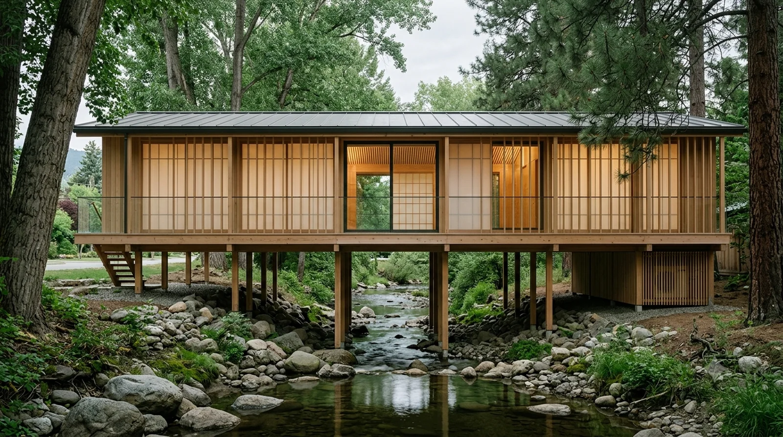 Tange House — Kenzo Tange, 1953: a light timber house lifted clear of the ground over Mission Creek.