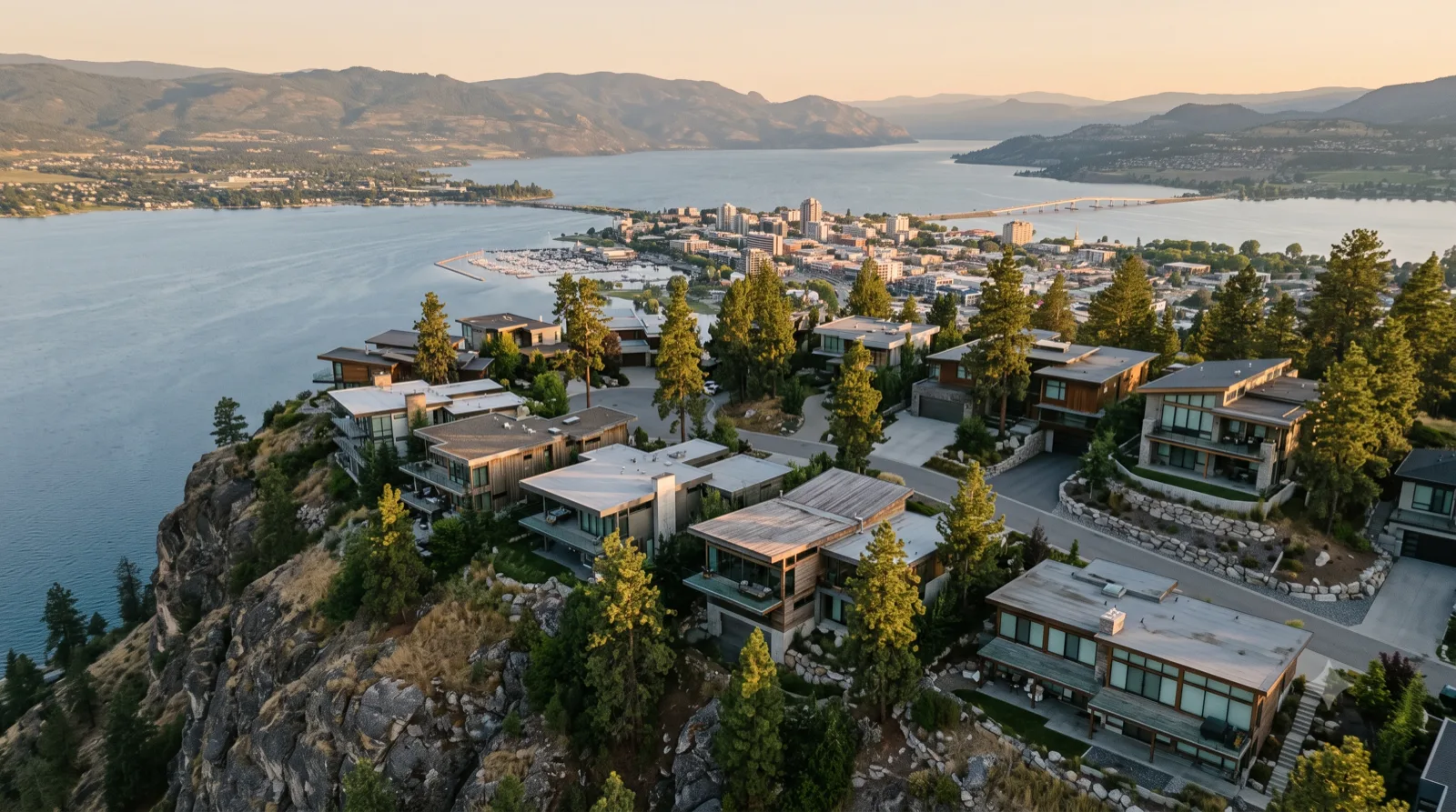 Knox Mountain — a cluster of modern and forest-modern homes stepping down the granite hillside, the waterfront and floating bridge spread out below