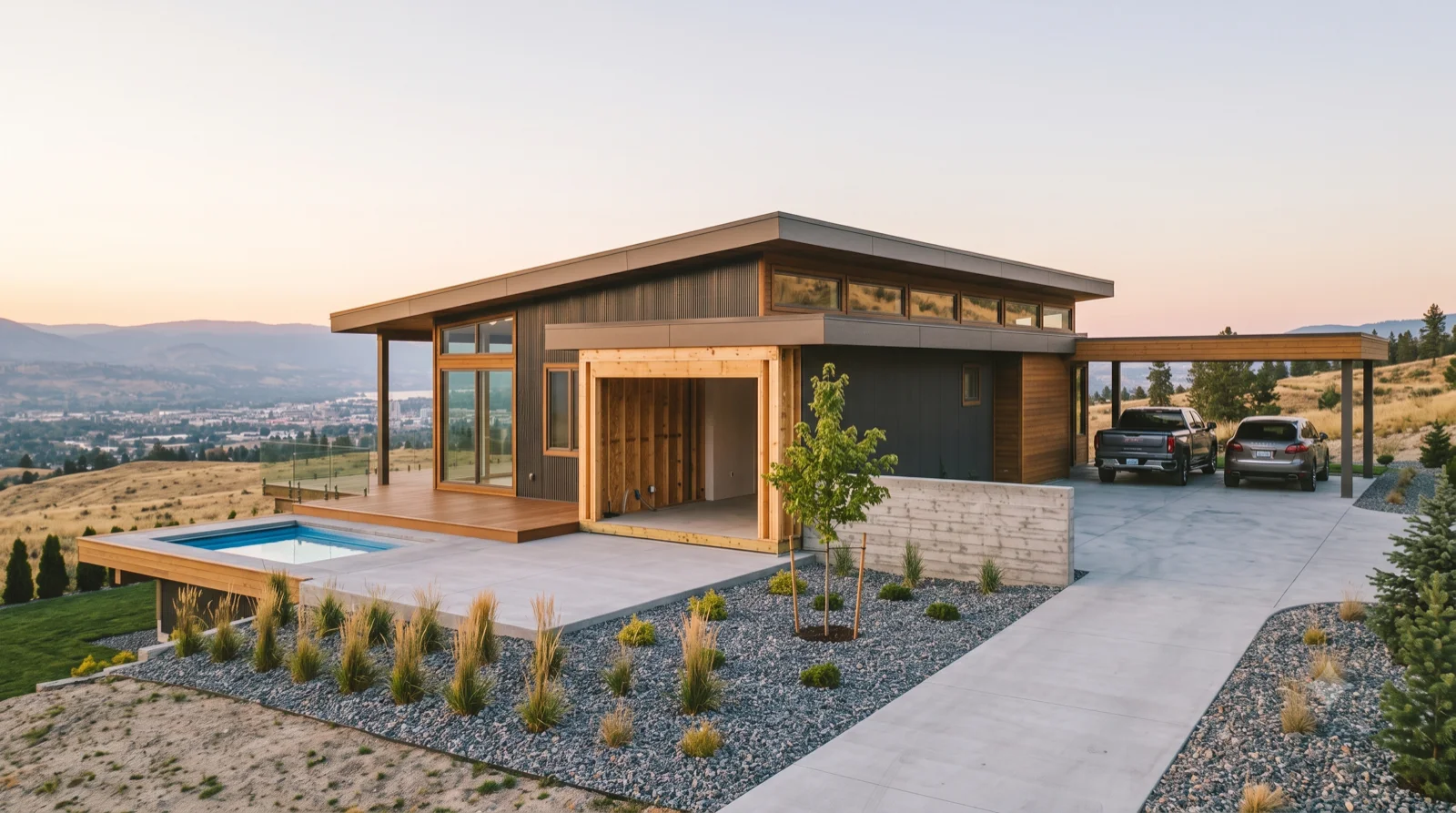 The Kirschner — cedar and dark metal over a board-formed base, the truck and Cayenne under the carport, downtown in the distance