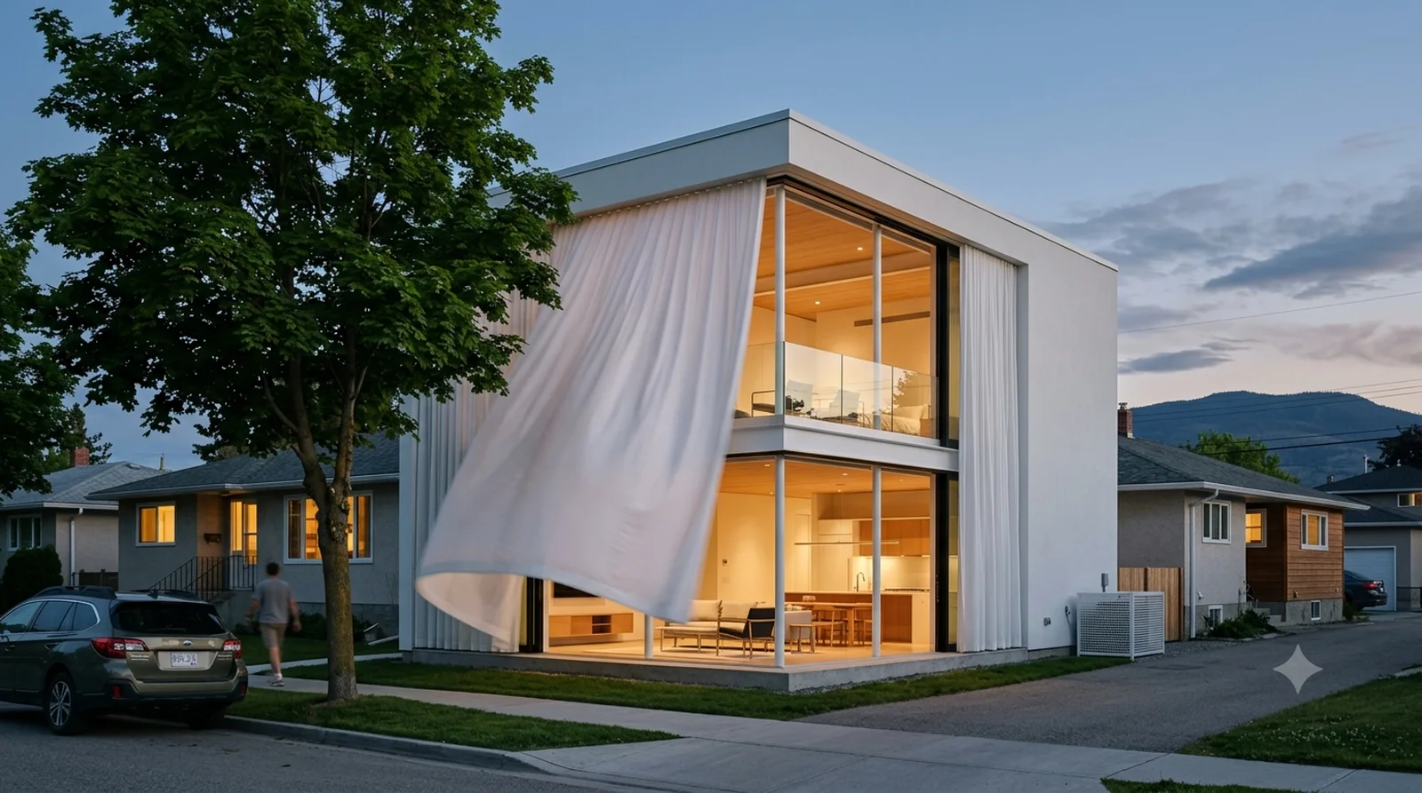 Curtain Wall House — Shigeru Ban, 1995: two storeys of corner left open behind a billowing white curtain.