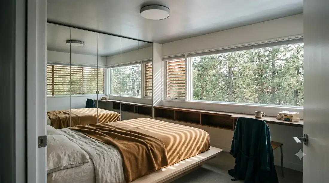 Neutra VDL, Narrow-Lot — Primary bedroom — louvered morning light, mirrored wall