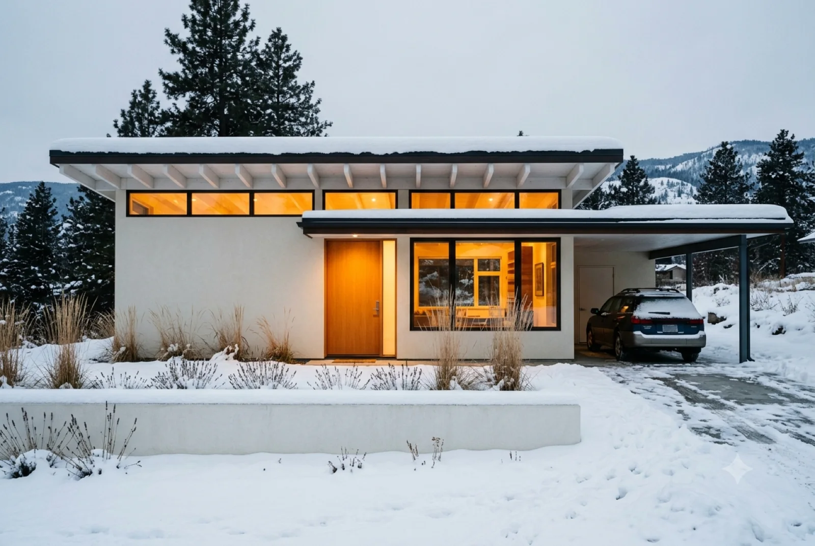 Carport in winter, The rig under a deep carport, snow banked to the walk, the clerestory lit against a grey sky.