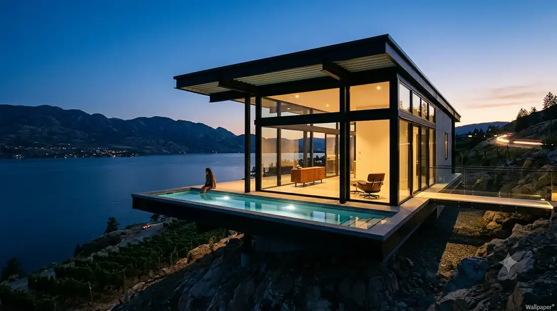 Stahl House — cantilevered glass box over the lake, blue-hour cliffside pool