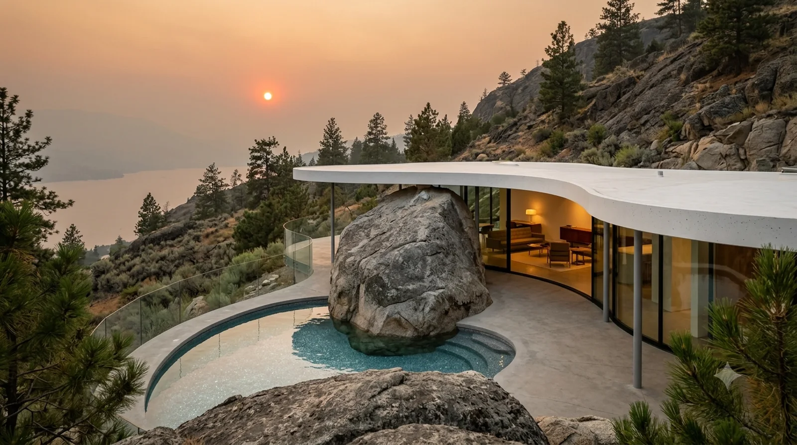 Casa das Canoas — Niemeyer's 1951 free-form slab curving around the site's own boulder, golden hour through smoke.