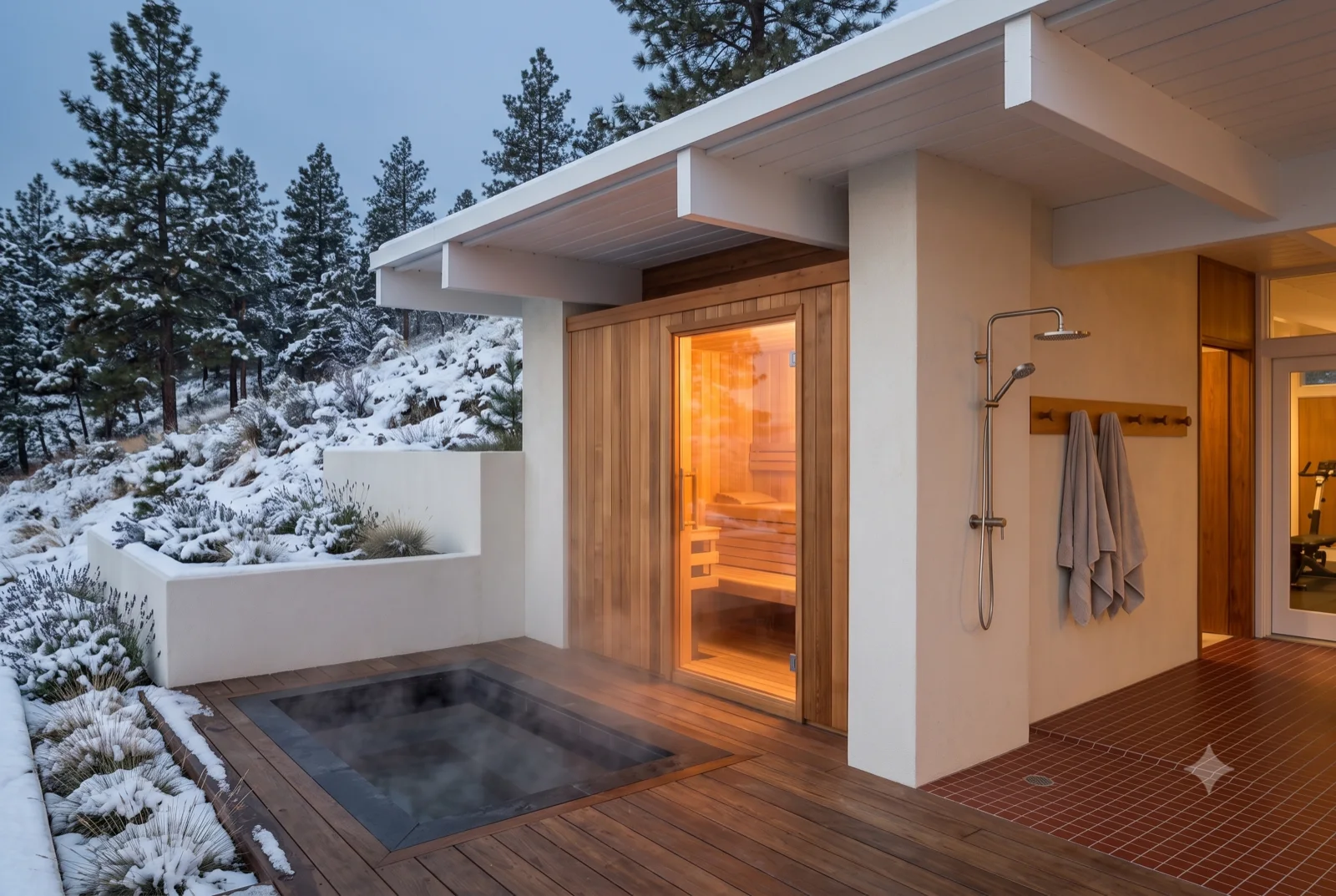 The soaking bath, A sunken tub and walk-in shower under wood, winter white framed in the corner window.