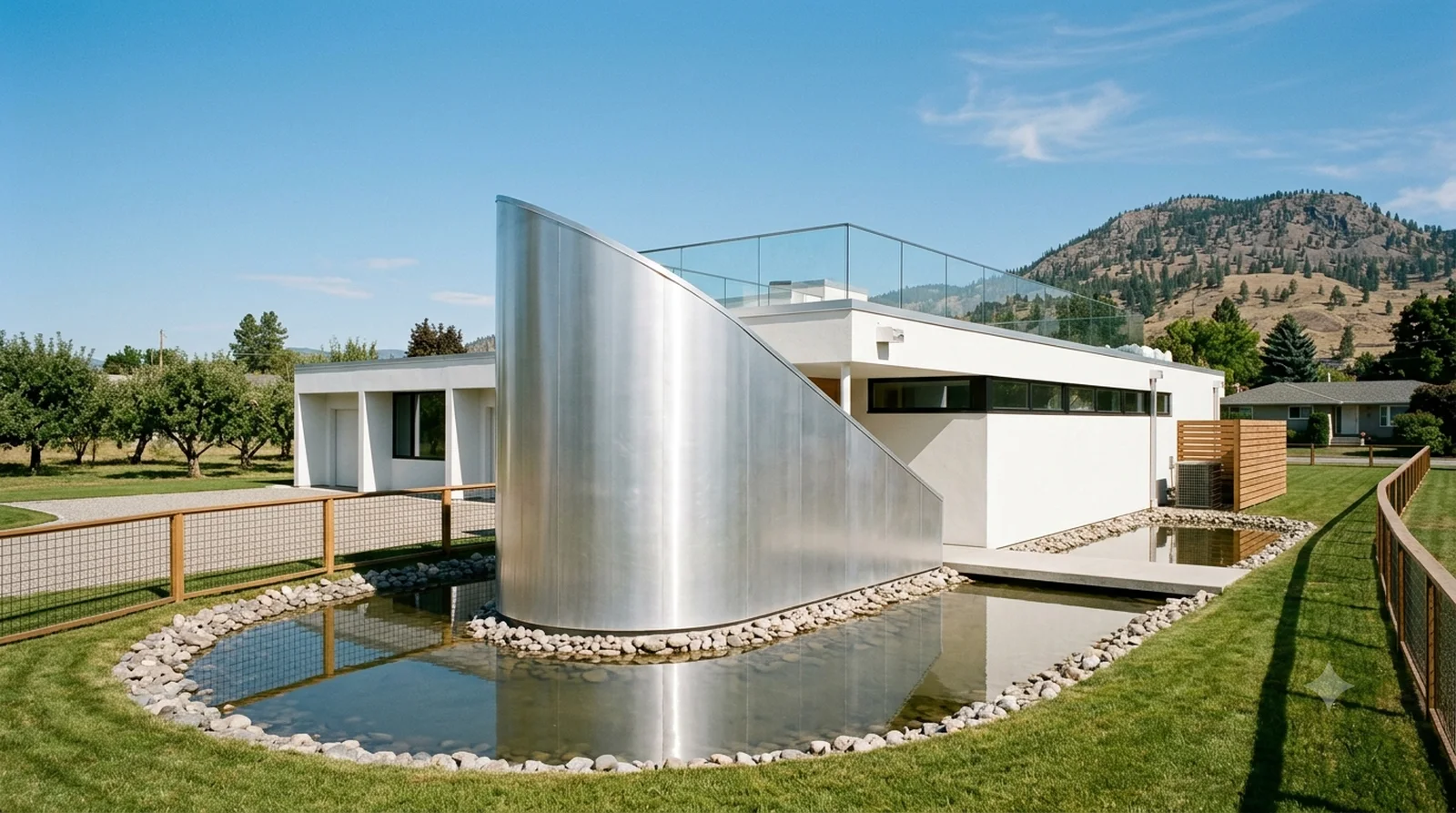 Von Sternberg House — Neutra, 1935: a curved aluminium prow wall and a moat, on a flat Glenmore lot.