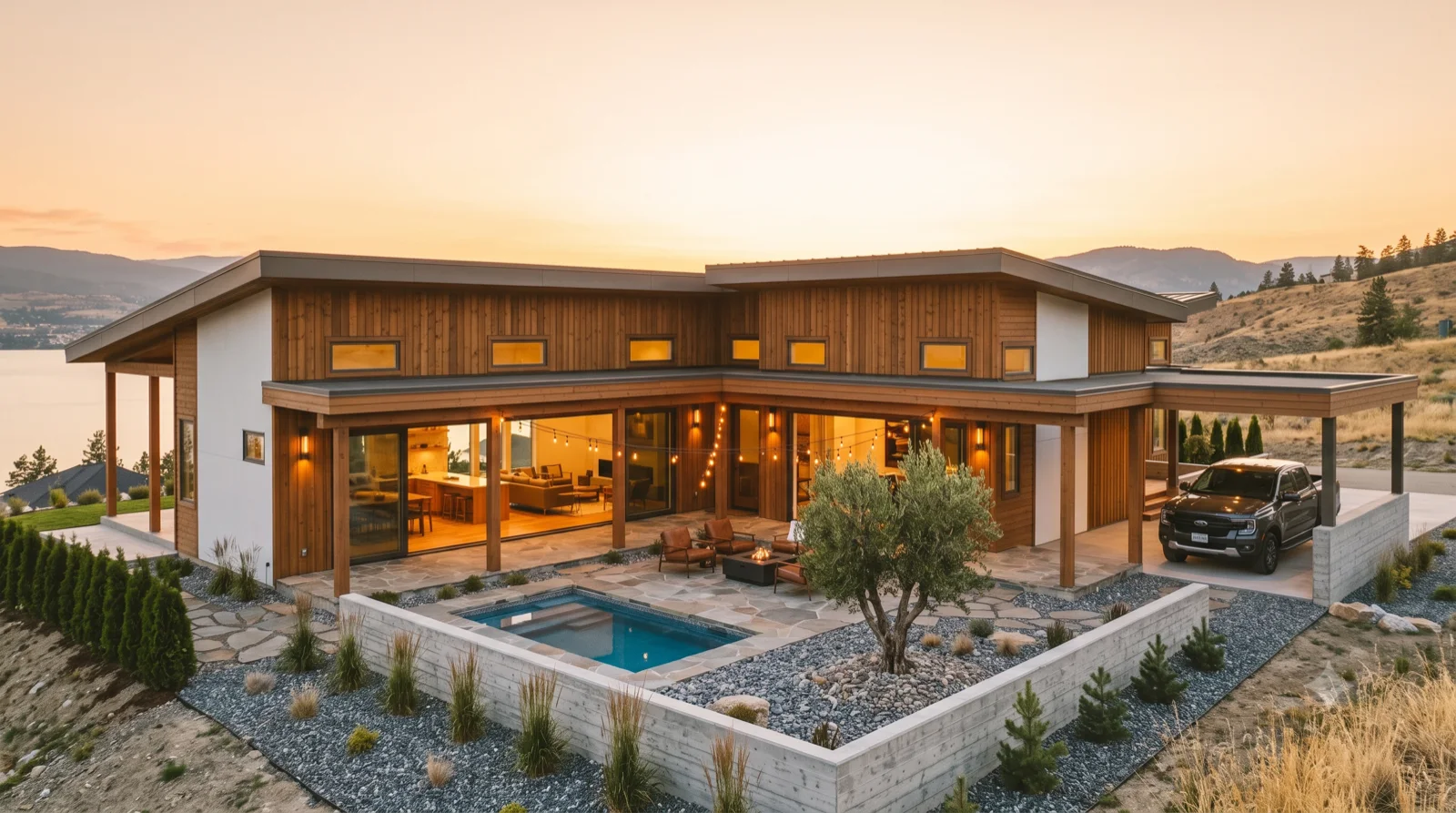 The Courtyard — a Cliff May-lineage ranch wrapping a private courtyard and pool, deep timber-beam loggia, string lights, wood everywhere