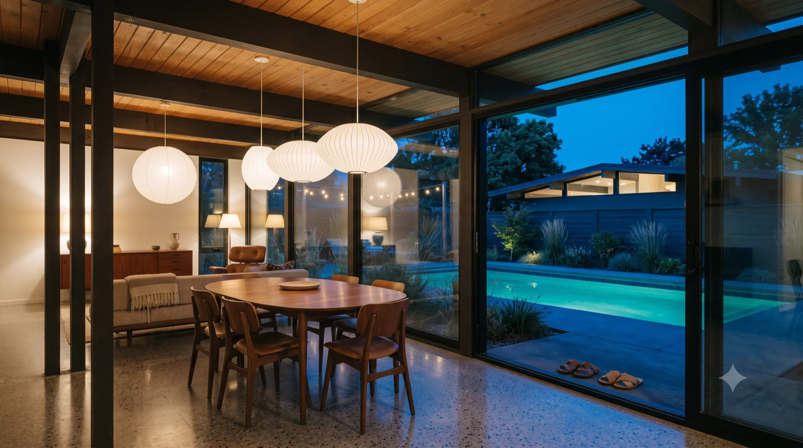 Dining — A walnut oval table under a run of Nelson bubble pendants, the glass wall right at your elbow, pool beyond.