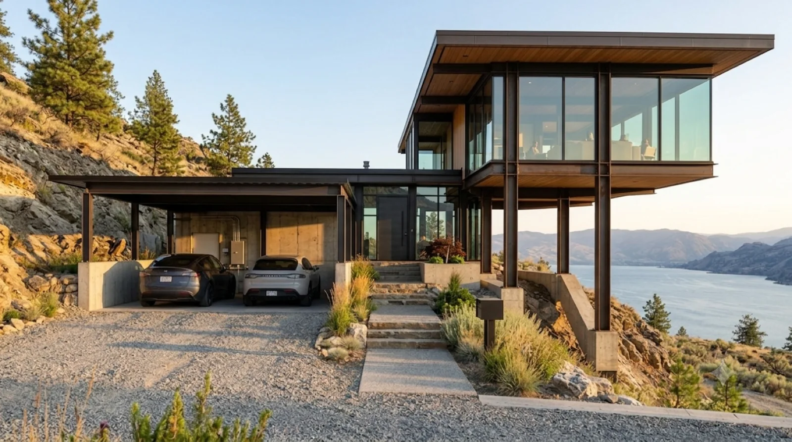 Above the lake, The house cantilevered off the rock with the rig in the port, the whole Okanagan opening up past the rail.