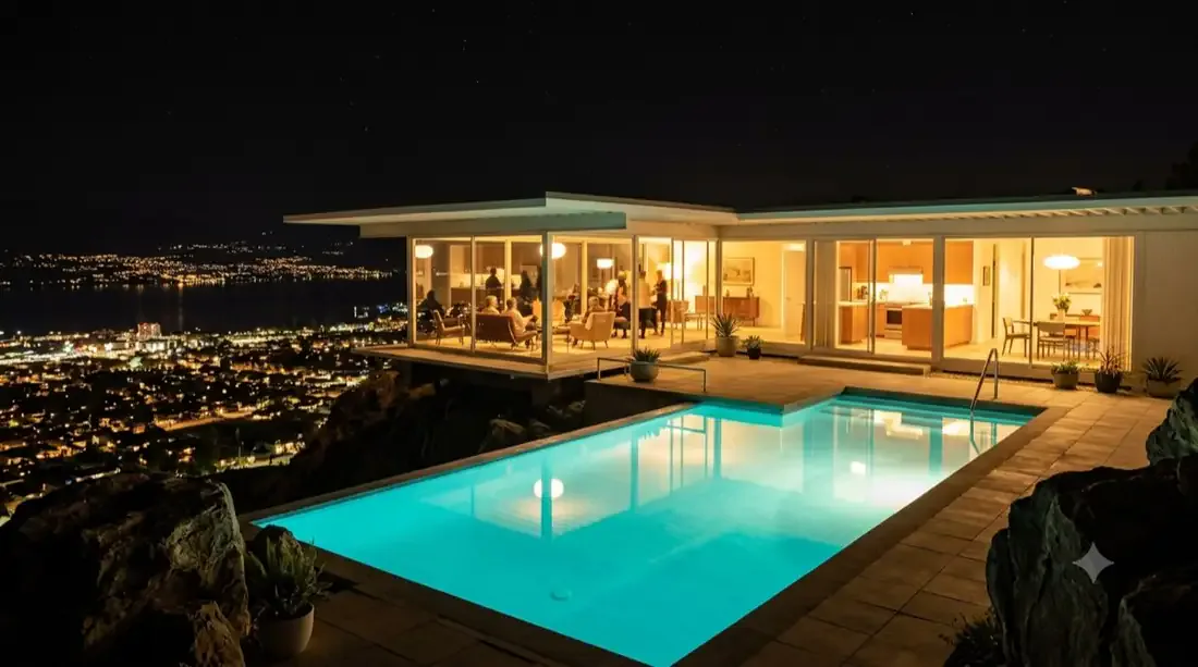 Stahl House — night hero — glass wing cantilevered over the lit pool, Kelowna lights far below