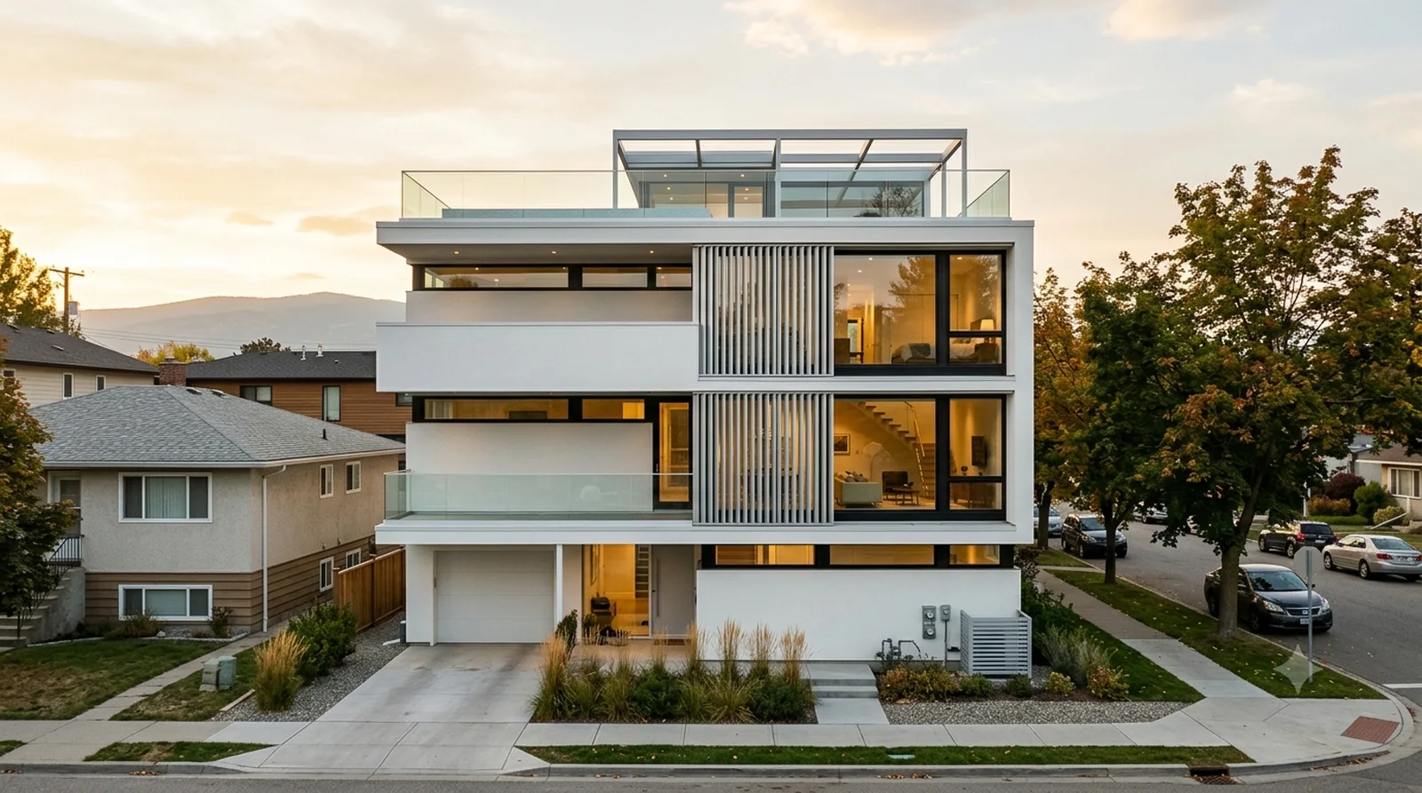 Neutra VDL Research House II — The 1966 narrow city house, balconies and louvres, filling a 40 foot downtown Kelowna lot.