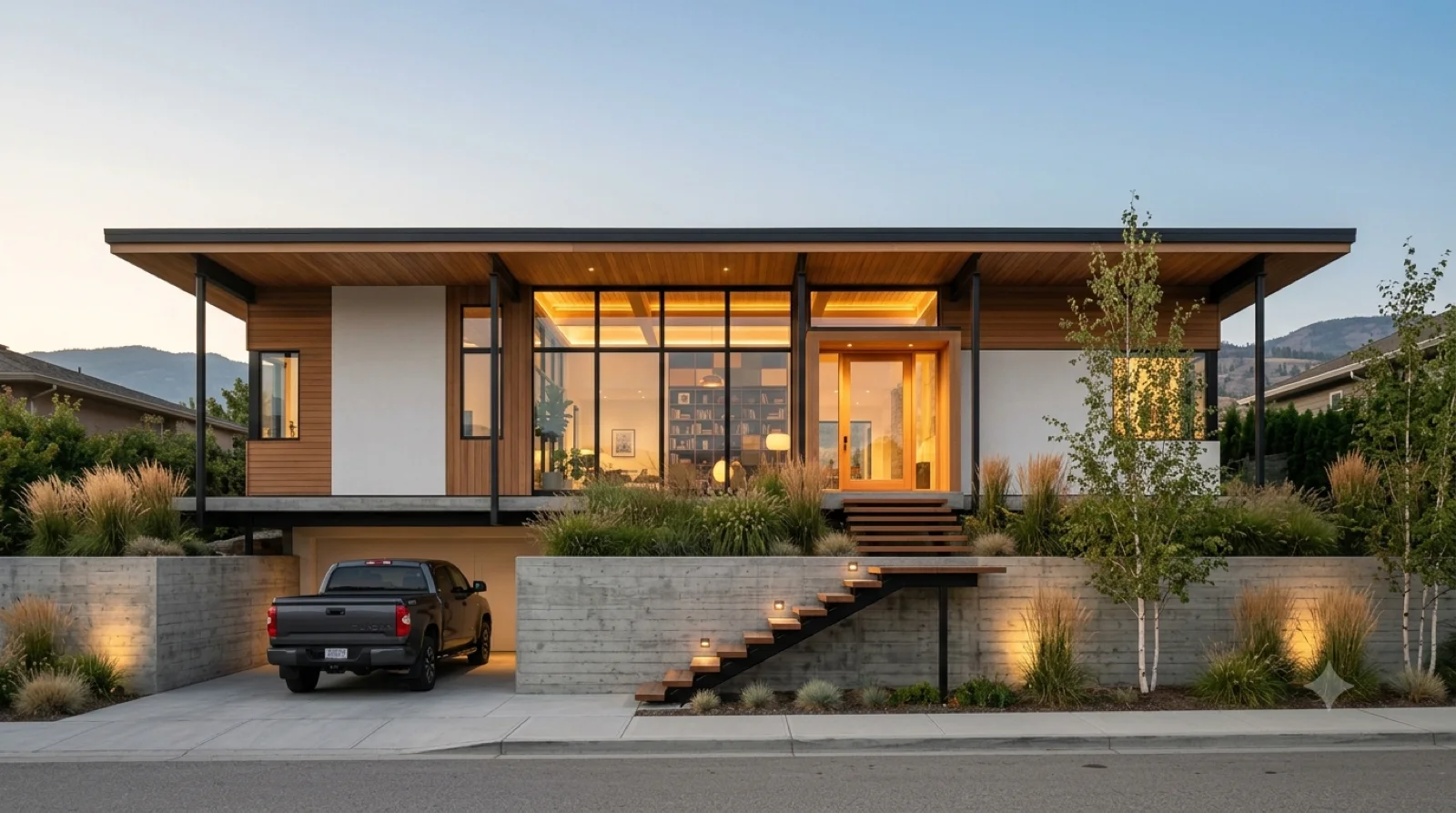 The Neutra, Elevated — A Neutra-spirit masterpiece raised above the street on board-formed concrete, a floating stair climbing to the glowing entry and a carport tucked below — warm cedar, steel glass and a low horizontal roofline