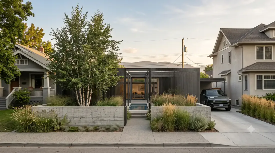 Case Study House #21 — updated for privacy — board-formed wall, grasses, birch screen