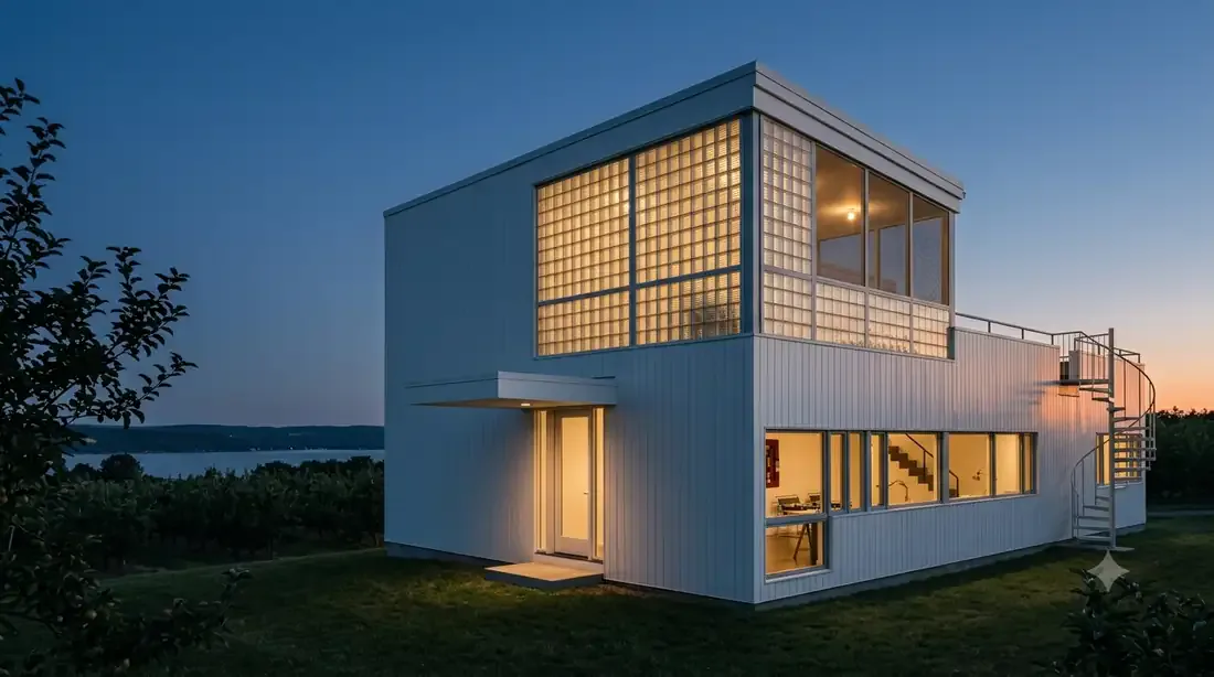 Gropius House — dusk — glass-block porch glowing like a paper lantern