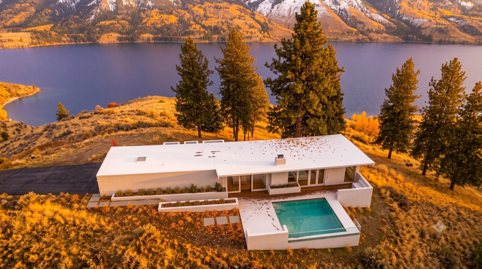 Perched over the water, The house on its shelf of rock, pool right at the drop, the whole lake turned copper below.