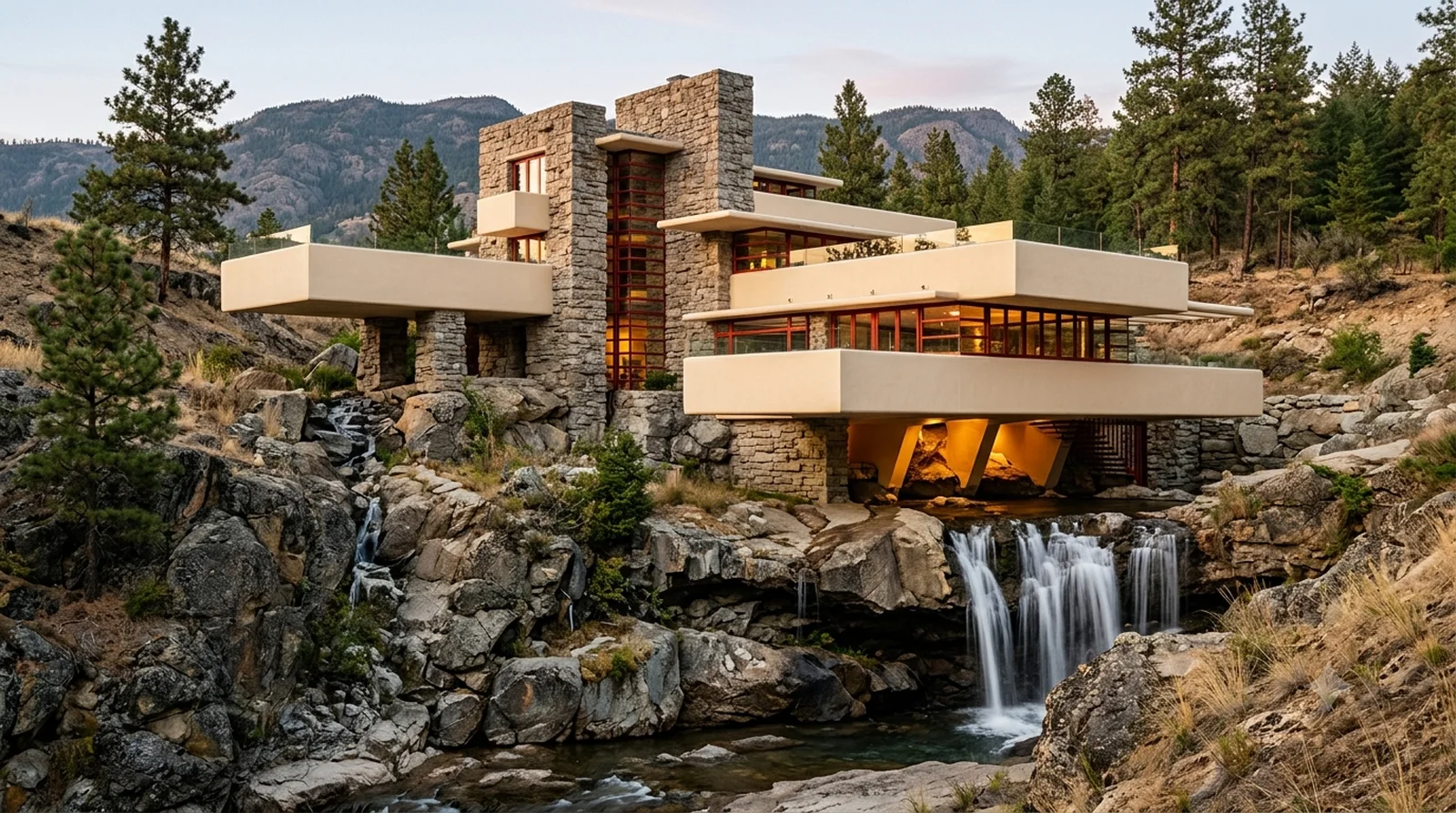 Fallingwater — Wright's 1935 stacked terraces, cantilevered over a creek drop on a Wilden benchland lot.